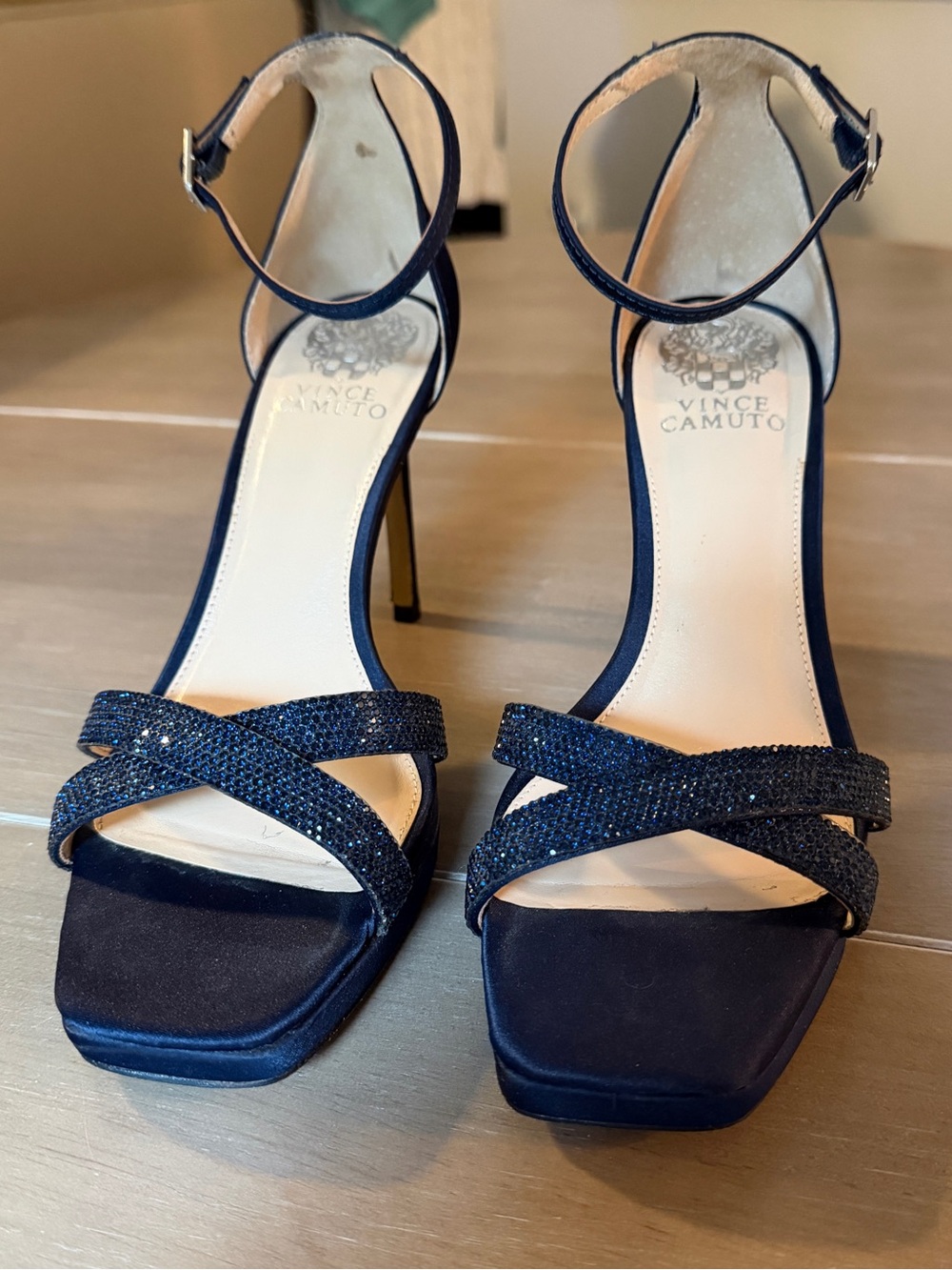 Vince Camuto Kalvira 2 Navy Rhinestone Stiletto Sandals 8M Ankle Strap